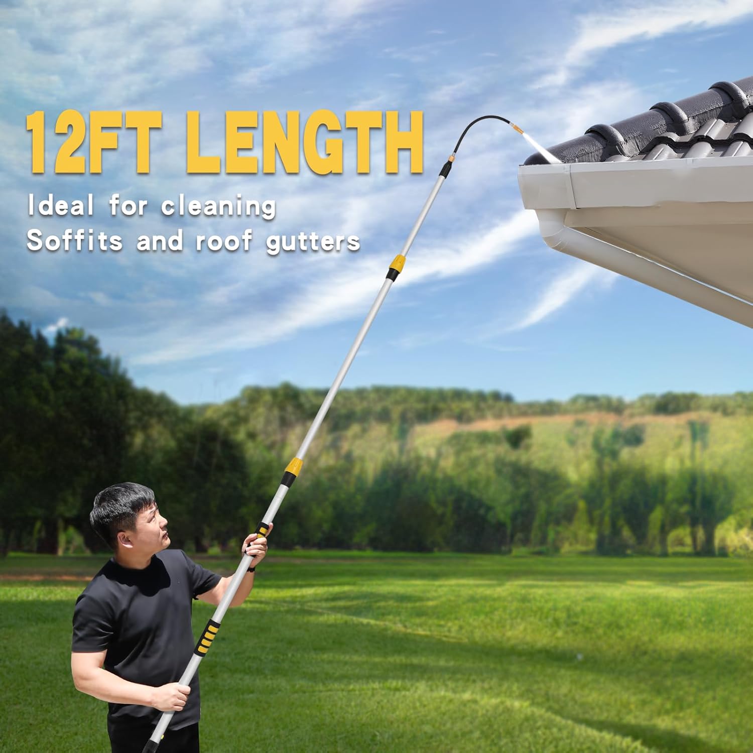 Telescoping Gutter Cleaning Wand 12 Foot Gutter Cleaner Tools from the Ground Telescoping Rain Gutter Cleaning Tool Aluminum Wand Garden Hose Attachment and Connection adapter (Long)